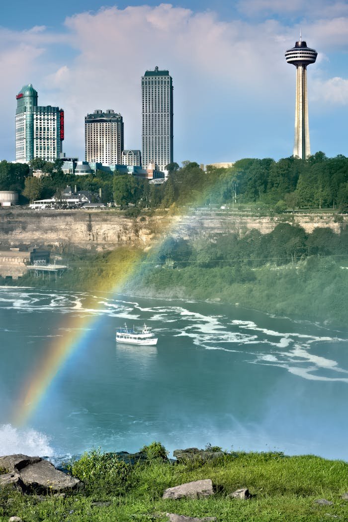 Spectacular aerial view of Niagara Falls with vibrant rainbow and city skyline.
